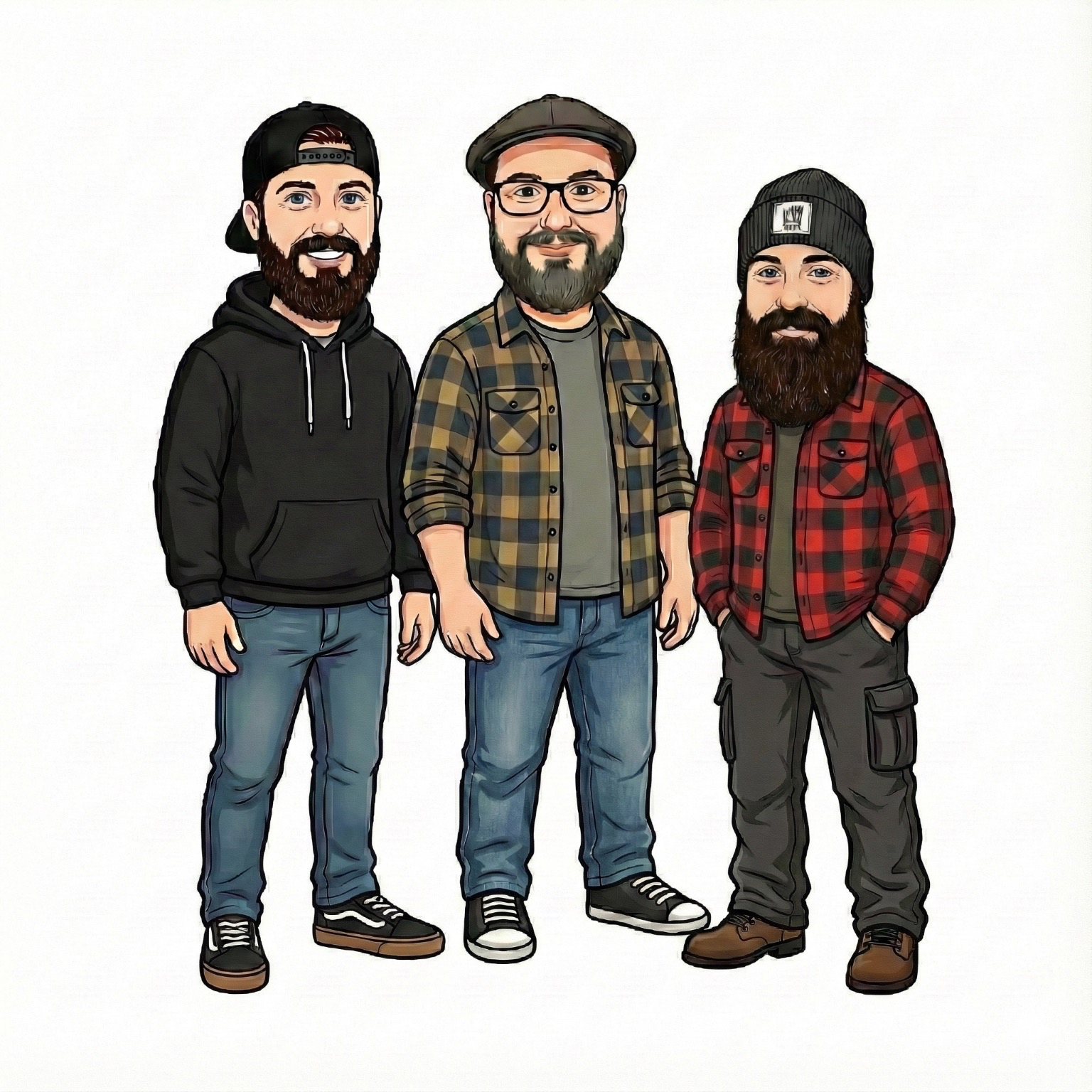 Three men with beards and glasses, dressed casually, standing side by side against a plain white background.