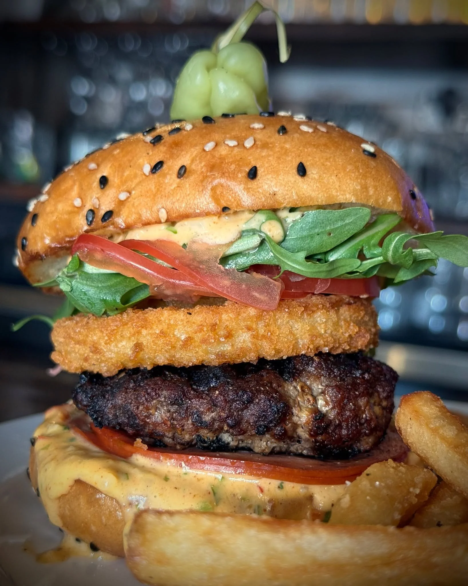 We're in the YFC Burger Battle, and we need your vote 🔥

Come try the "Pimento Cheese Burger": a 4 oz beef patty loaded with Chris's Brother's pepperoni, pimento cheese, an onion ring, lettuce, and tomato, served with fries. It's the ultim
