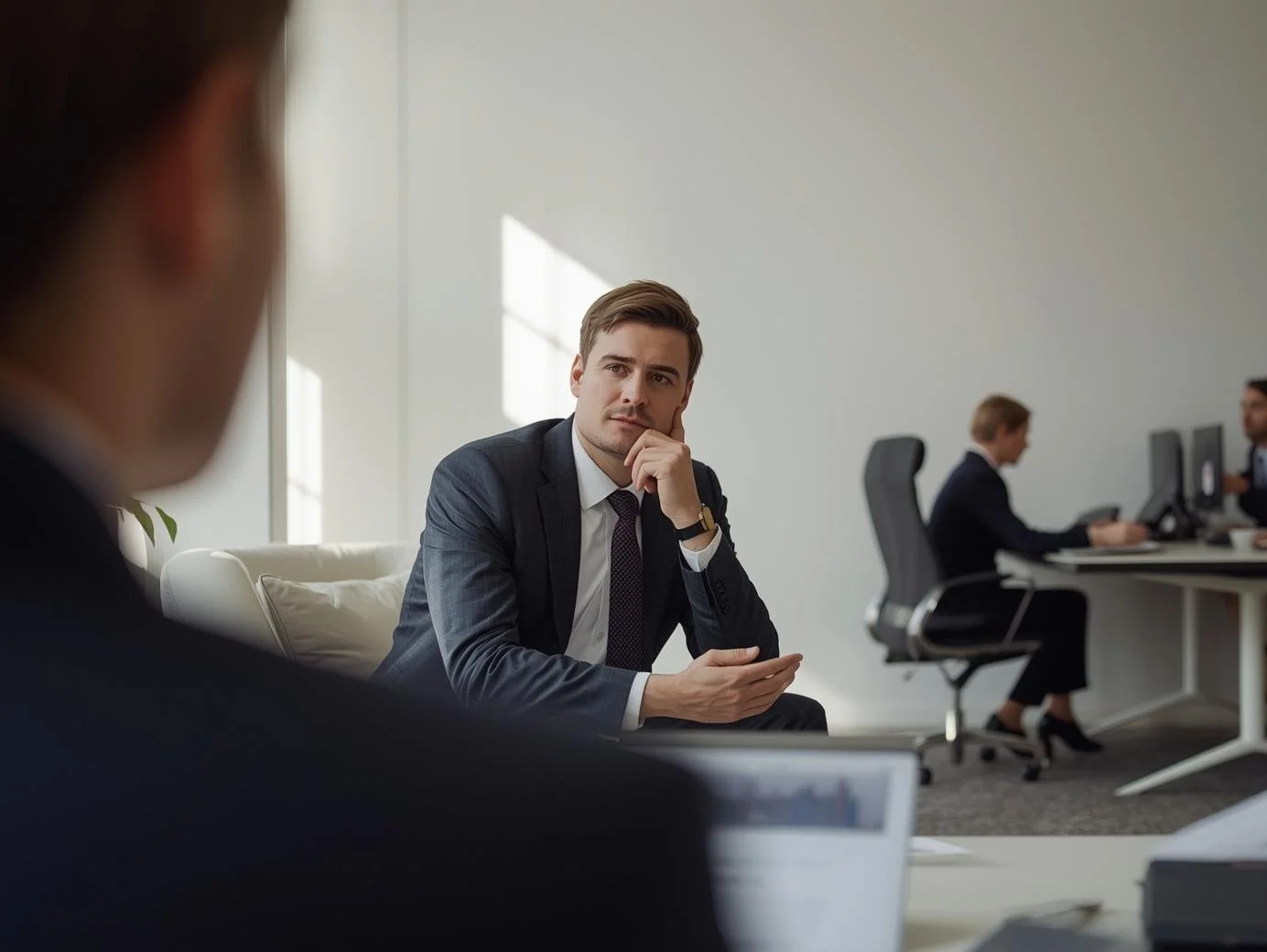 Homem em traje de negócios sentado em uma sala de reuniões, pensativo, com dois colegas ao fundo usando computadores.