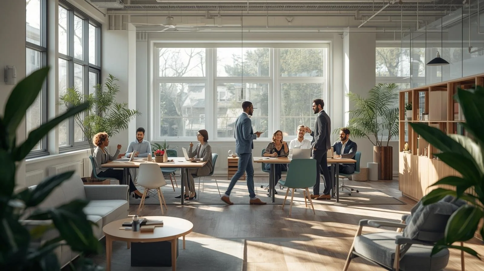 Reunião de negócios em ambiente de escritório bem iluminado com várias pessoas, algumas sentadas e outras em pé, discutindo colaborativamente, decorado com plantas e móveis modernos.