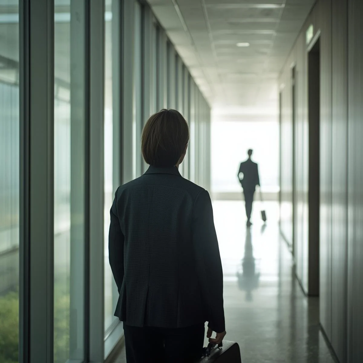 Duas pessoas de terno em um corredor de aeroporto, uma segurando uma mala, ambas de costas, com vidro ao lado.