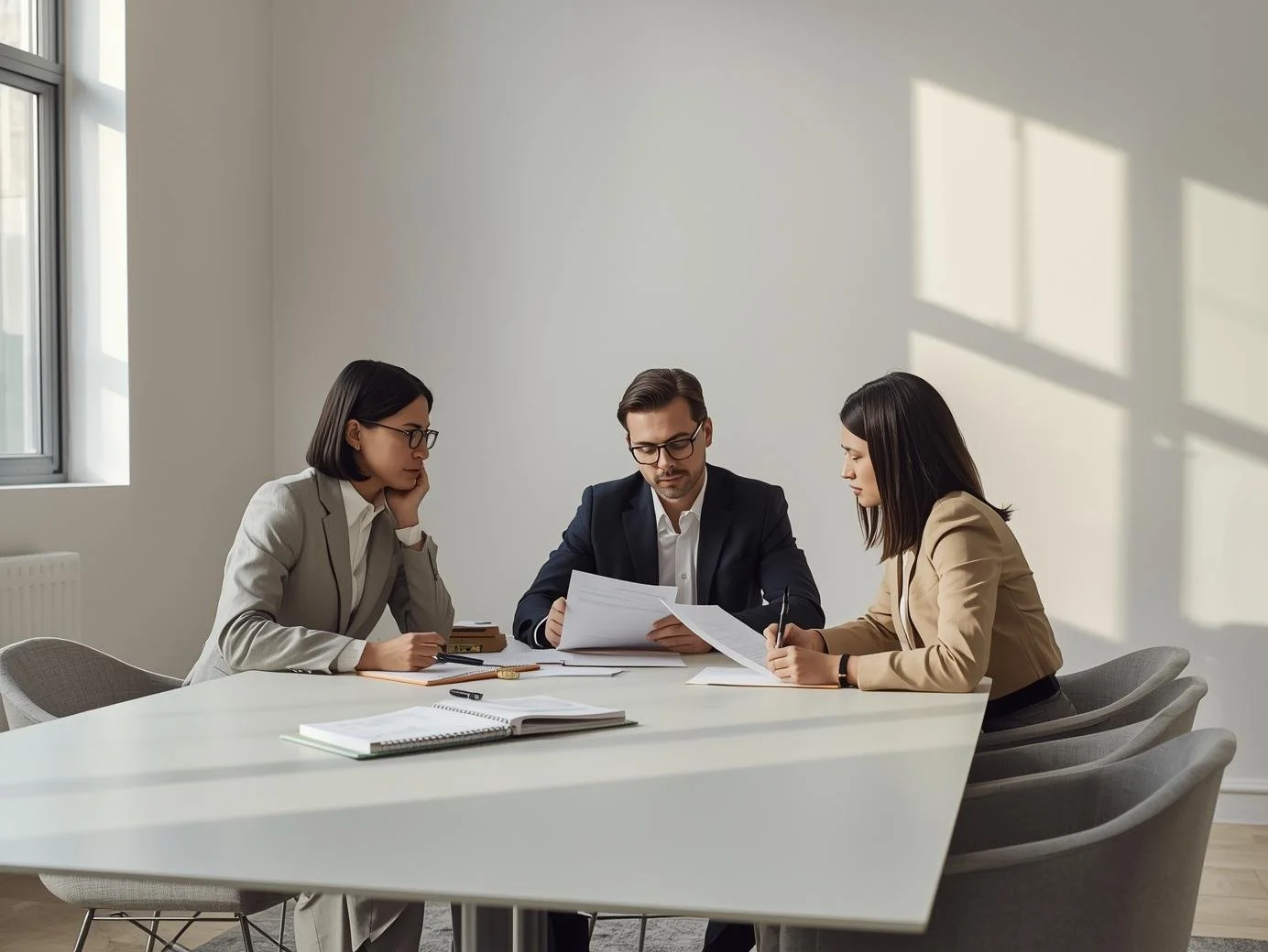 Homem e duas mulheres em reunião de negócios, sentados à mesa com documentos e laptops em ambiente de escritório bem iluminado.