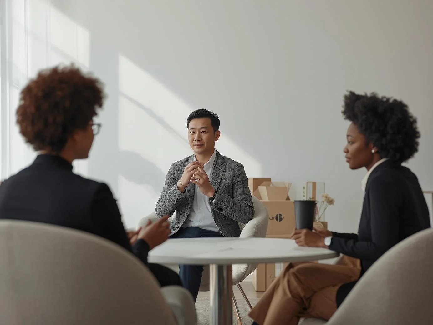 Homem de terno cinza em uma reunião com duas mulheres, uma com cabelo cacheado e afro, usando terno preto, e outra de cabelo cacheado castanho, de terno preto, em ambiente de escritório.
