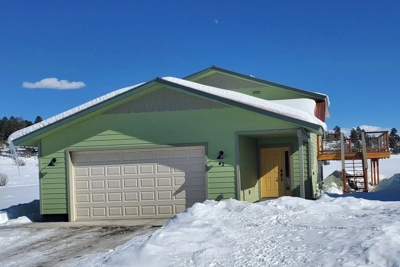 Green house with yellow door in snow 