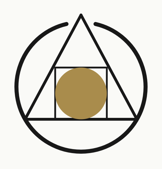A geometric design featuring a black circle, a black triangle inside it, a square within the triangle, a smaller square within the larger square, and a gold circle inside the smaller square.