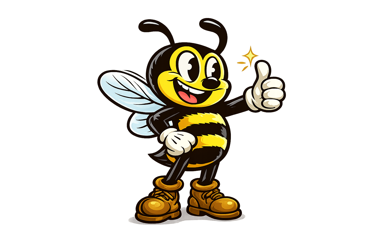 A cartoon bee character with large eyes, smiling and giving a thumbs-up. It has yellow and black stripes, white wings, and wears boots.