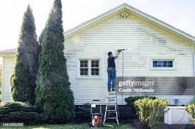 Person painting the exterior of a house with a paint roller, standing on a ladder. The house is white with blue shutters, and there are tall bushes nearby.