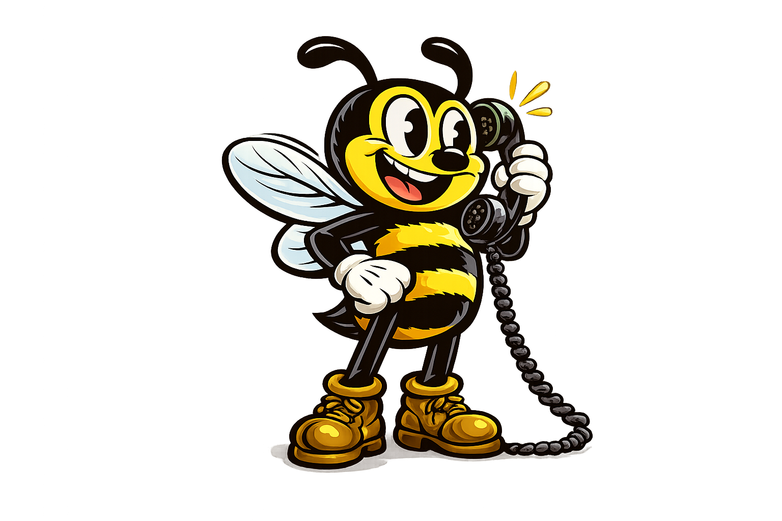 Cartoon illustration of a bee with humanoid features, wearing boots, holding a telephone receiver to its ear, smiling, with wings and antennae.
