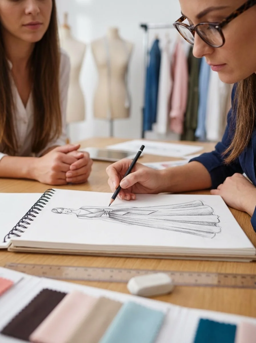 Fashion designer sketching a dress design on a sketchpad in a studio with clothing samples and mannequins in the background.