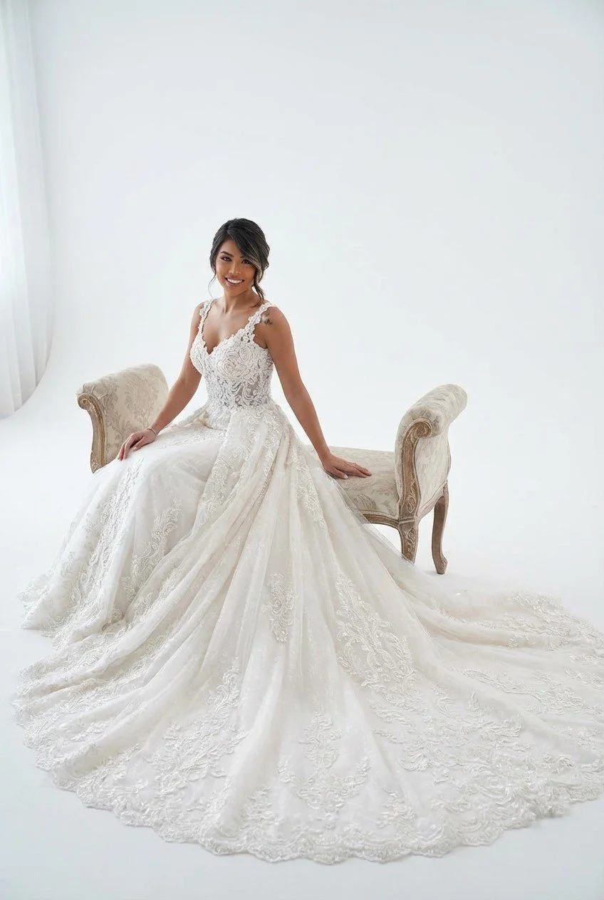 Romantic lace ball gown wedding dress. Structured corset bodice with visible boning and a deep V neckline, defined waist shaping the silhouette. Full voluminous skirt with layered lace appliqués and soft tulle. Extended chapel-length train. Crafted f