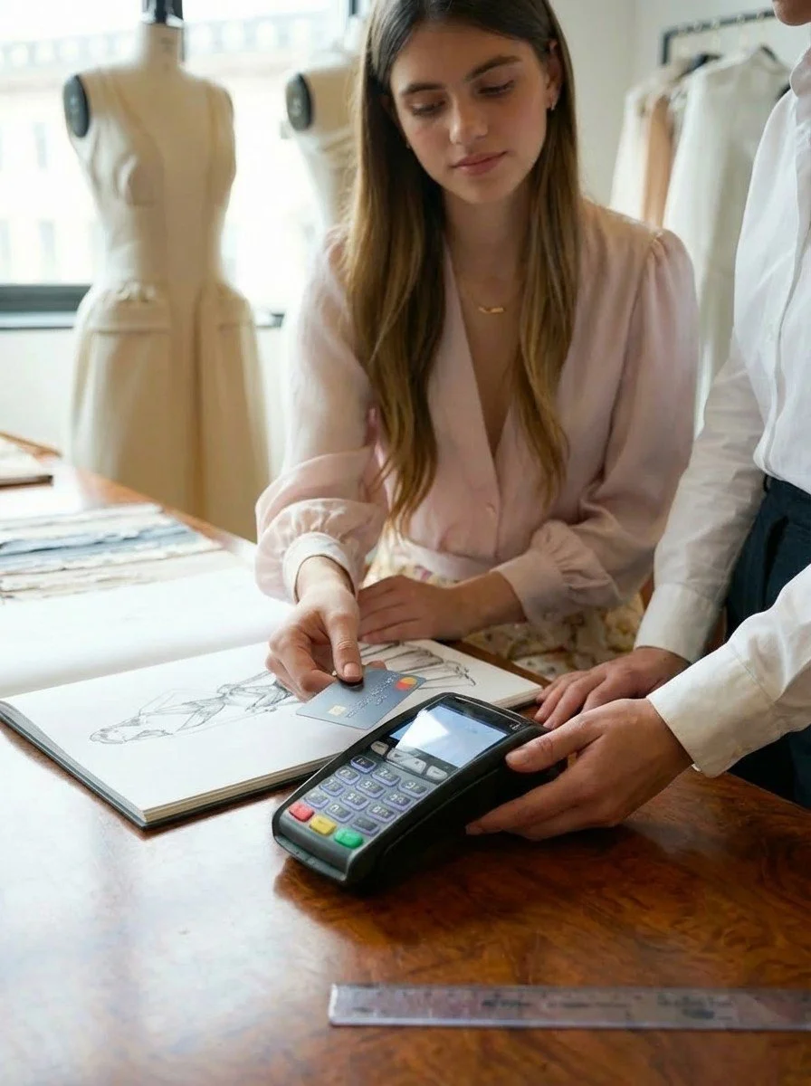 A woman using a credit card to make a payment at a point-of-sale terminal in a fashion design studio, with dress sketches and mannequins in the background.