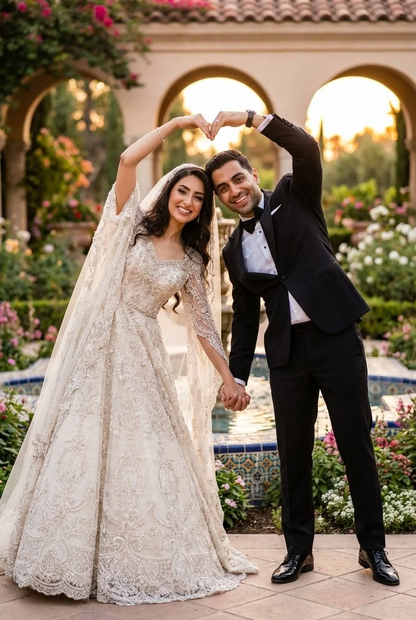 Persian-inspired A-line wedding dress. Structured lace bodice with elegant V neckline. Flowing A-line skirt with intricate lace detailing and long train. Made from lace and tulle. 