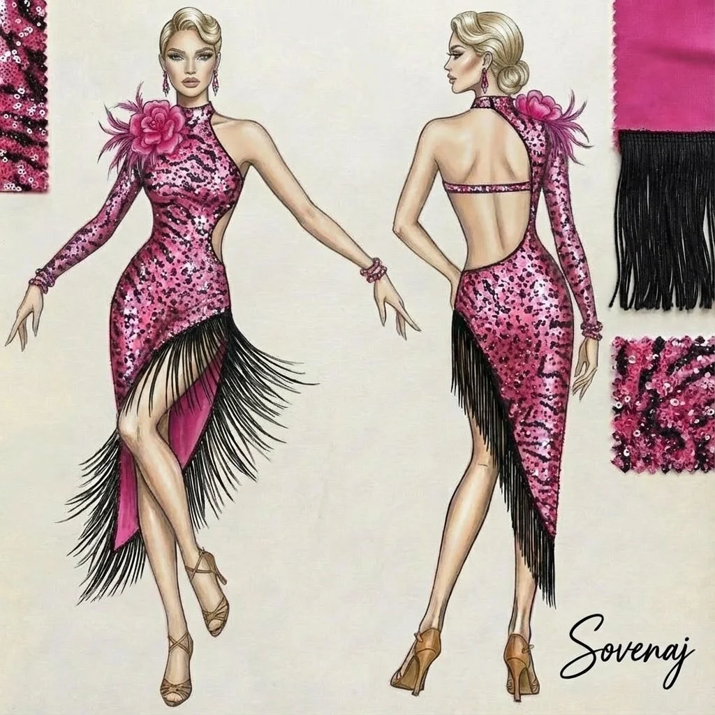 Fashion illustration of a woman in a pink sequined dress with black fringe accents, shown from front and back. The dress has a high neckline, long sleeves, and an open back with a strap around the waist. The woman has styled blonde hair, pink earring