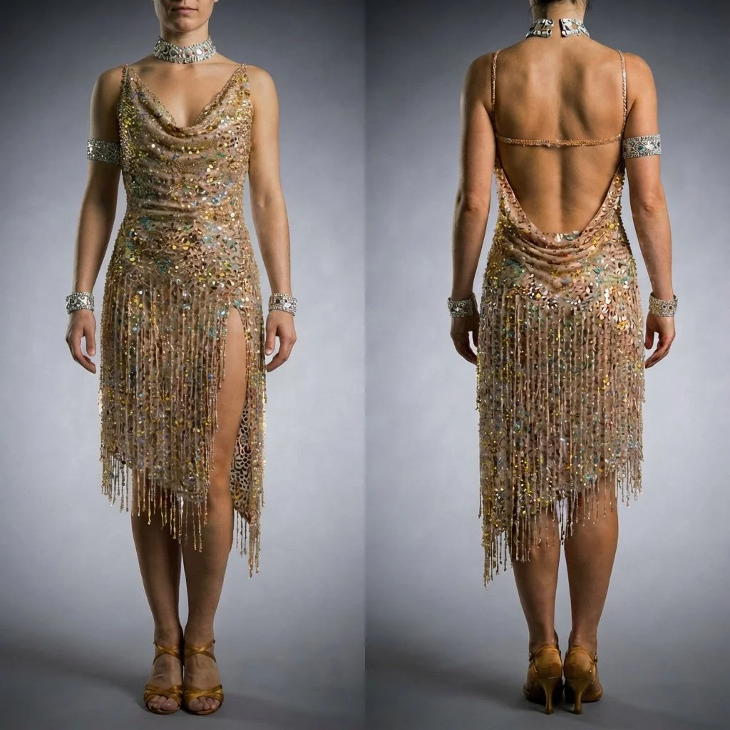 Hollywood-style beaded fringe dress with sparkle. Draped cowl neckline and fitted silhouette. Open back with delicate straps. Asymmetrical knee-length skirt with hand-beaded fringe and side slit for movement. Crafted from nude mesh with crystal rhine