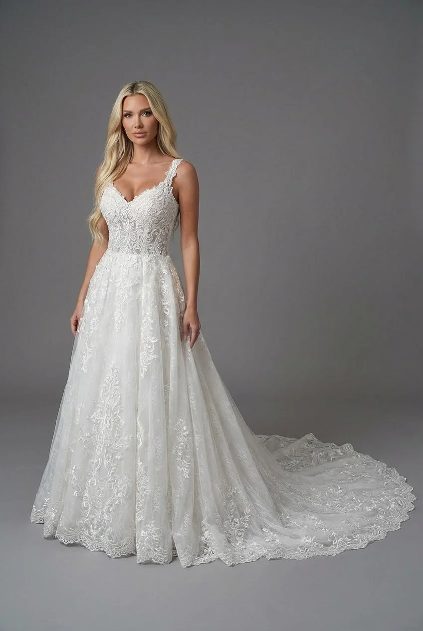A-line lace wedding dress. Fitted bodice with a deep V neckline and wide lace straps. Flared A-line skirt with lace overlay and soft volume. Medium-length train. Constructed from embroidered lace and soft tulle.