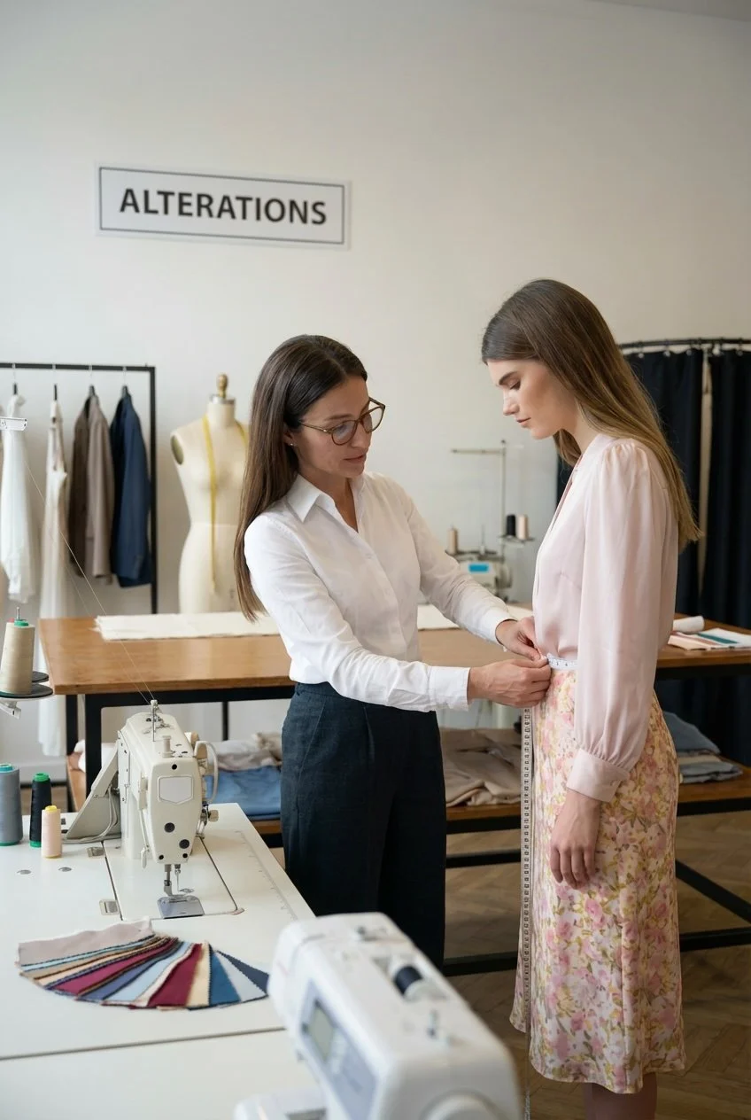 A fashion designer fitting a model with measuring tape in a sewing studio with sewing machines and fabric samples.