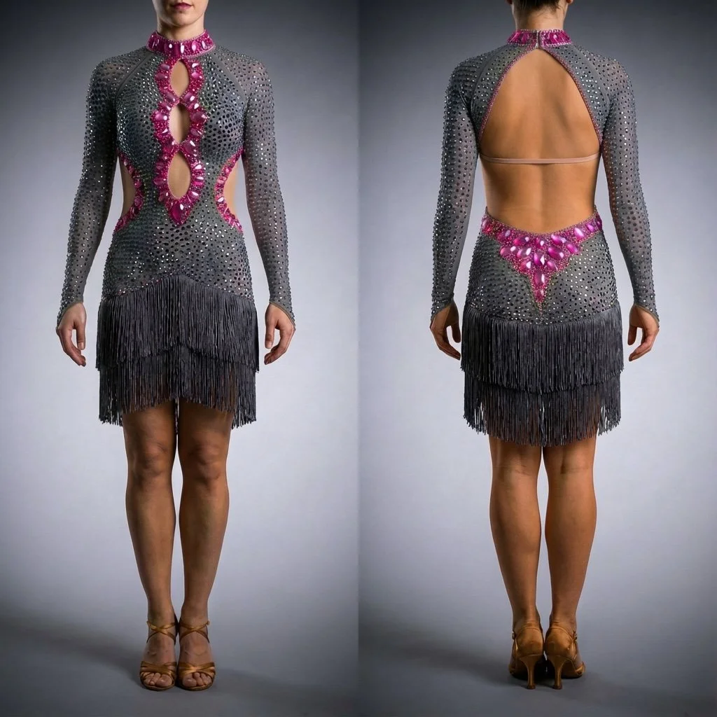 Long-sleeve stage performance dress for singers. High neckline with vertical cutout detail and fitted silhouette. Open back framed with crystal embellishment. Knee-length skirt finished with layered fringe for movement and rhythm on stage. Designed w