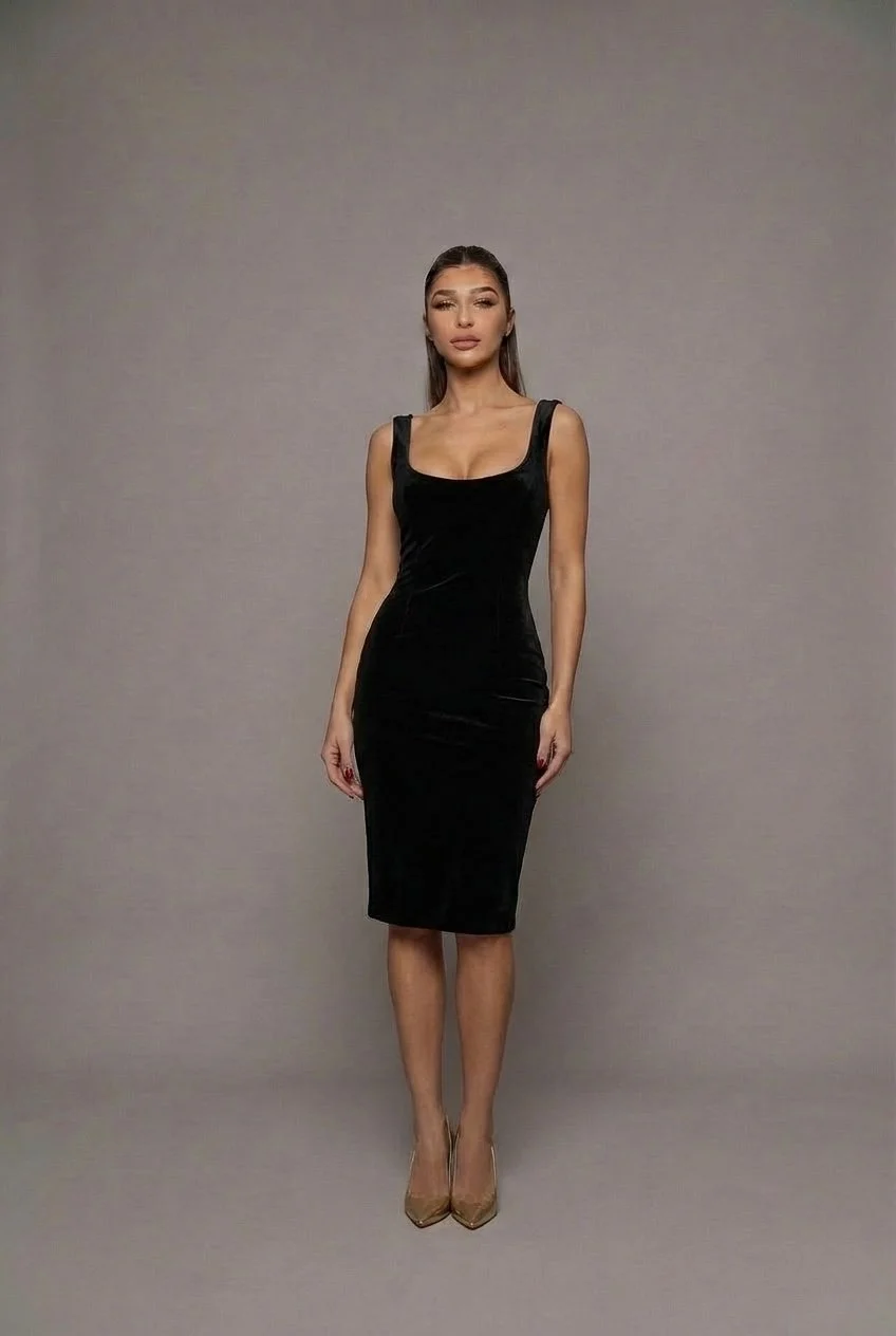 Black velvet midi dress with a clean, fitted silhouette.
Square neckline with wide straps.
Slim pencil shape that contours the waist and hips, falling just below the knee for a timeless, structured look.