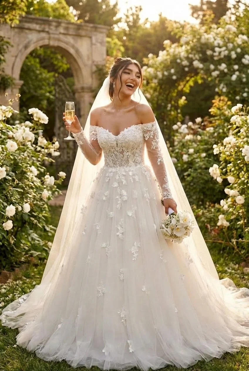 Off-shoulder lace ball gown wedding dress. Corset bodice with draped neckline and sheer lace sleeves. Full tulle skirt with floral lace appliqués. Chapel-length train. Romantic and soft silhouette.