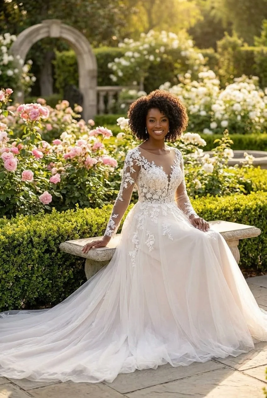 Romantic A-line lace wedding dress. Illusion lace bodice with long sheer sleeves and a modest neckline. Soft A-line tulle skirt with lace appliqués. Light chapel-length train. Made from lace and tulle.