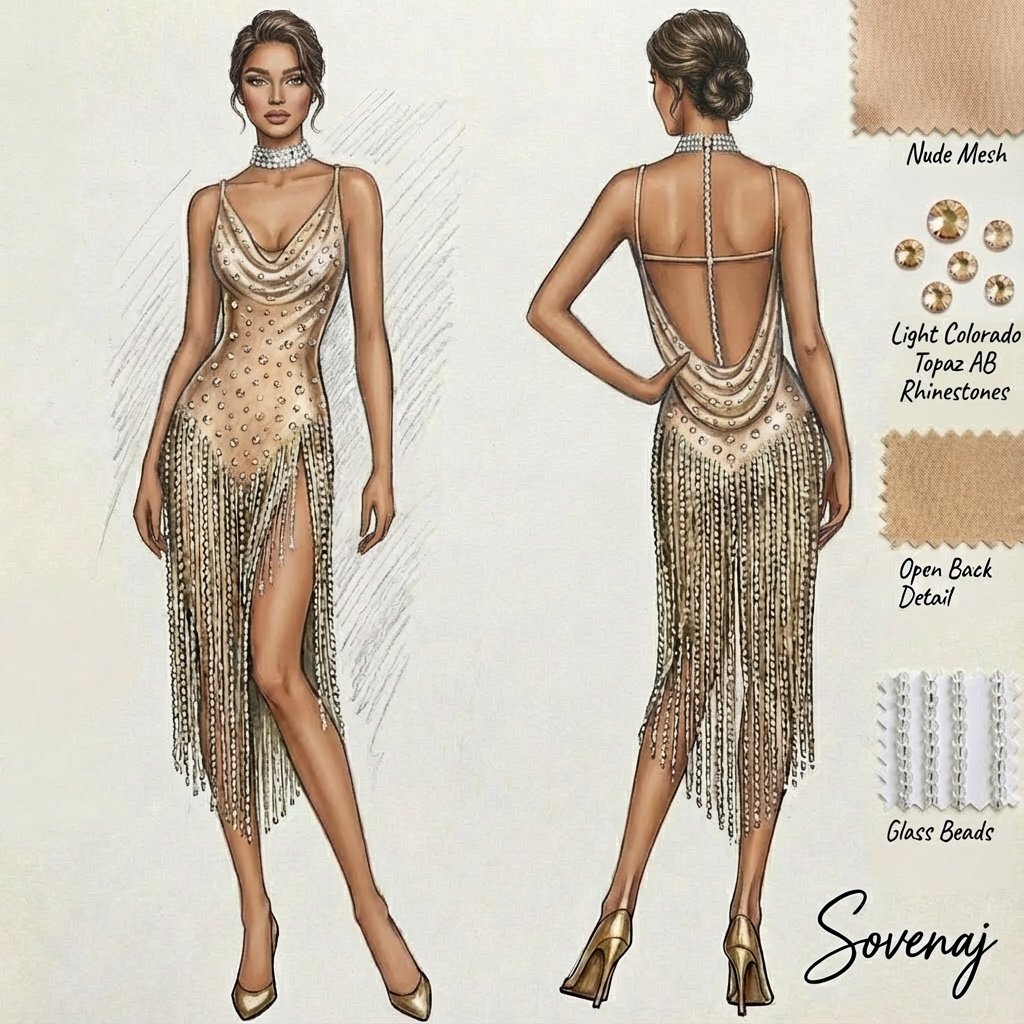 Fashion sketch of a woman in a glamorous, gold, fringe dress with rhinestone embellishments, open back, and layered draping, accessorized with a pearl choker.