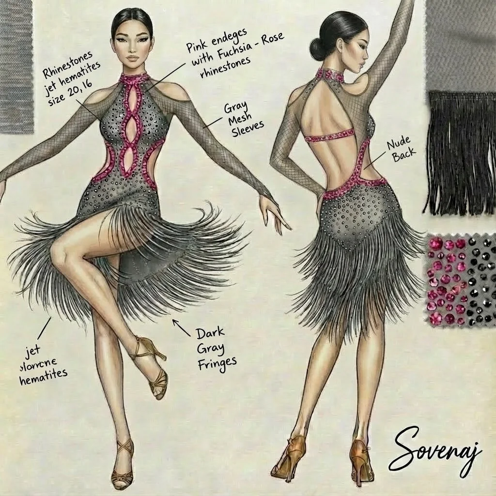 Illustration of a woman in a dance costume with annotations describing the materials and design, including rhinestones, pink end caps with fuchsia rose rhinestones, gray mesh sleeves, dark gray fringes at the hem, and a nude back.