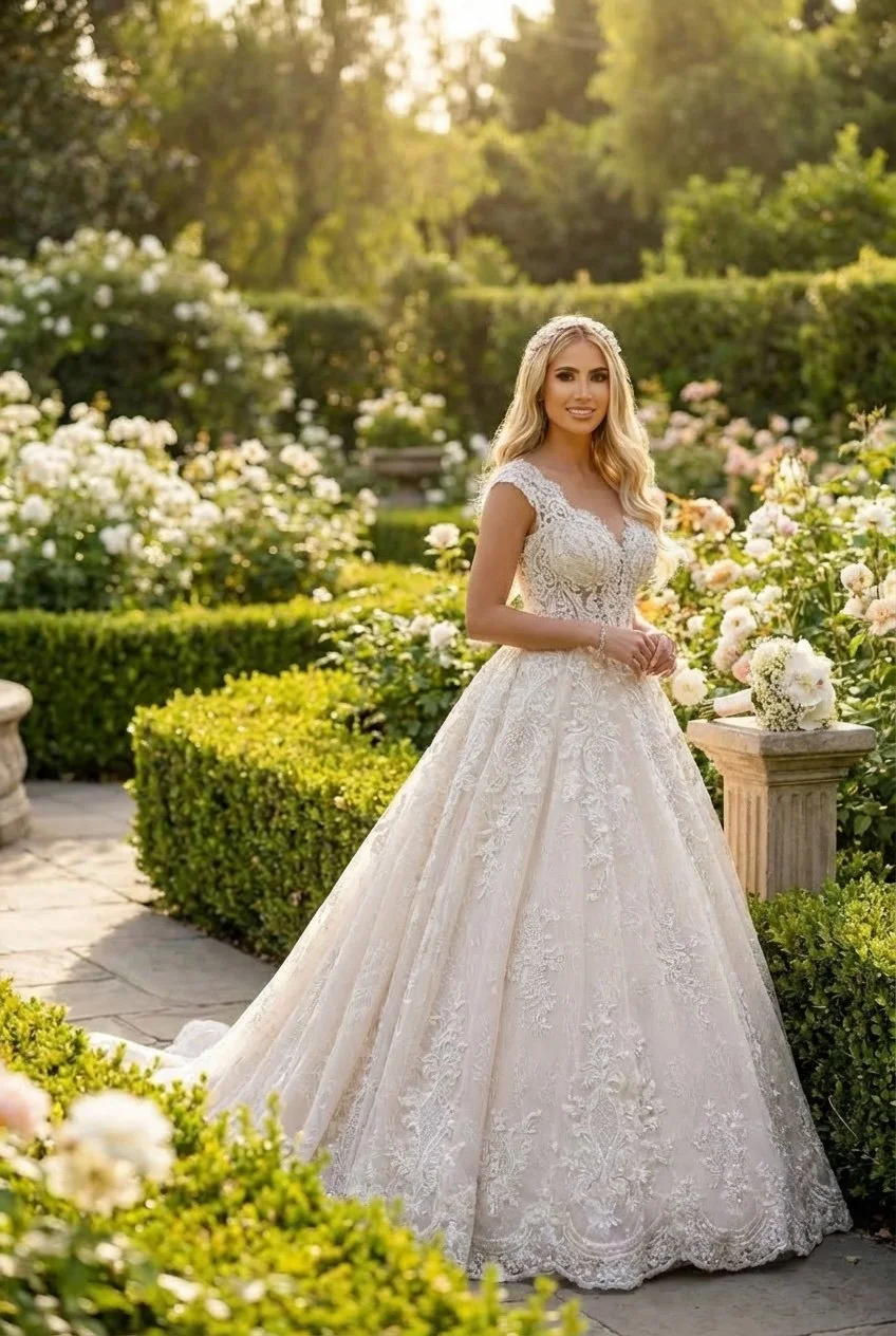 Romantic lace ball gown wedding dress. V-neck bodice with lace straps and defined waist. Full skirt with layered lace and tulle. Chapel-length train. Classic luxury bridal silhouette.