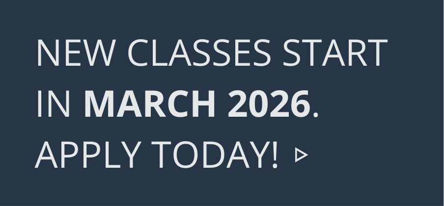 Text on dark background reading "New classes start in March 2026. Apply today!"