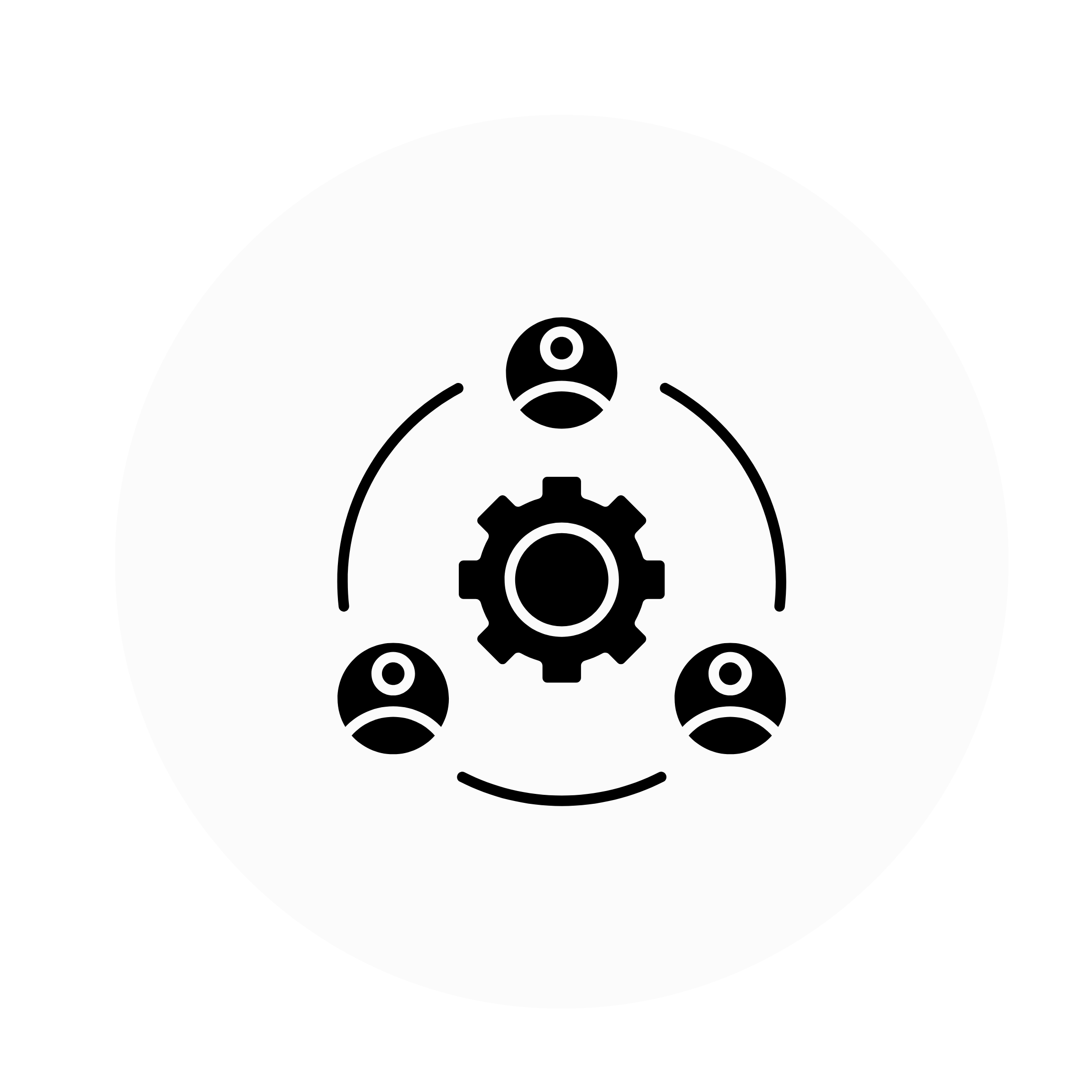 Icon depicting teamwork or collaboration, with a gear at the center connected to three human figures with sad facial expressions.