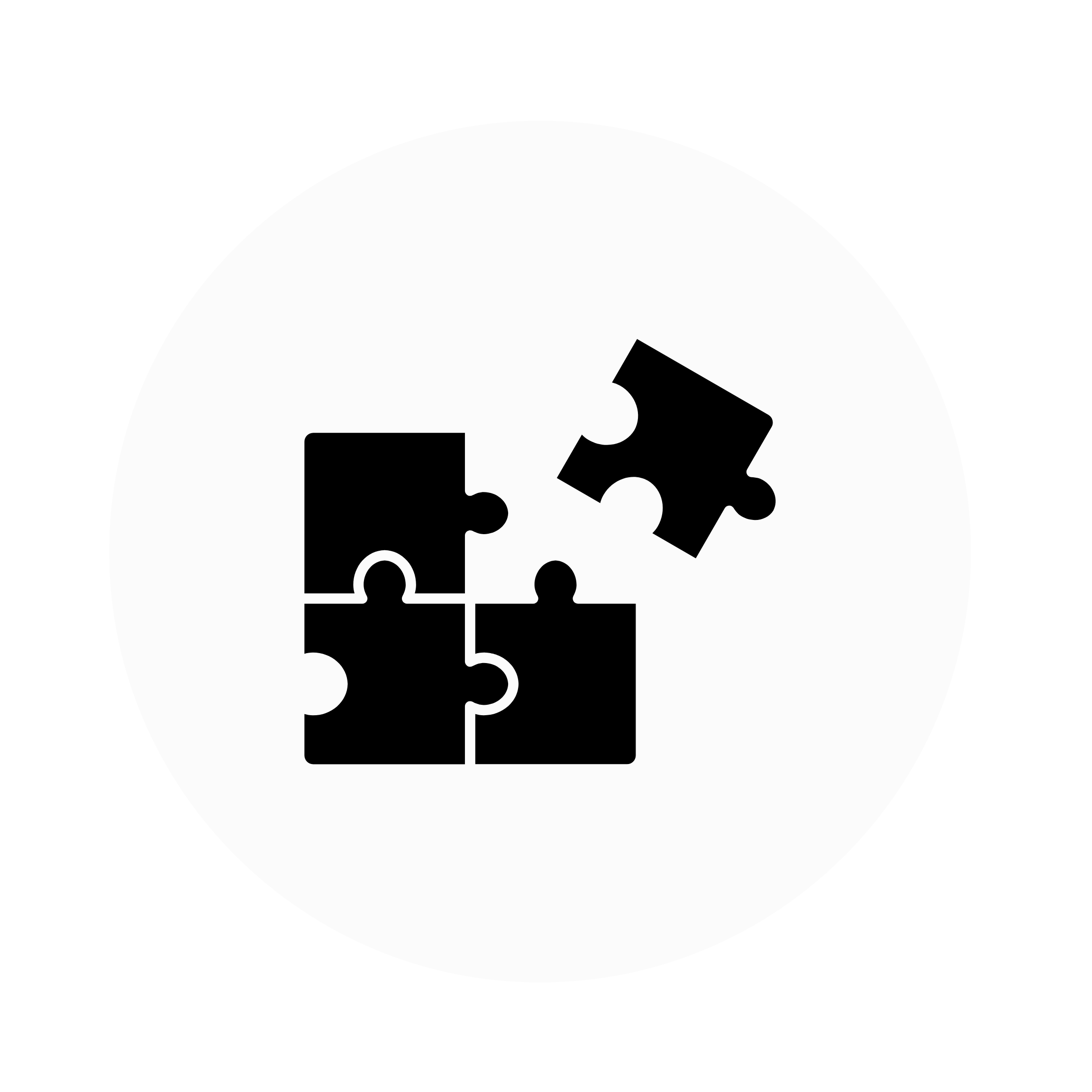 Silhouette of four connected puzzle pieces within a circular background.