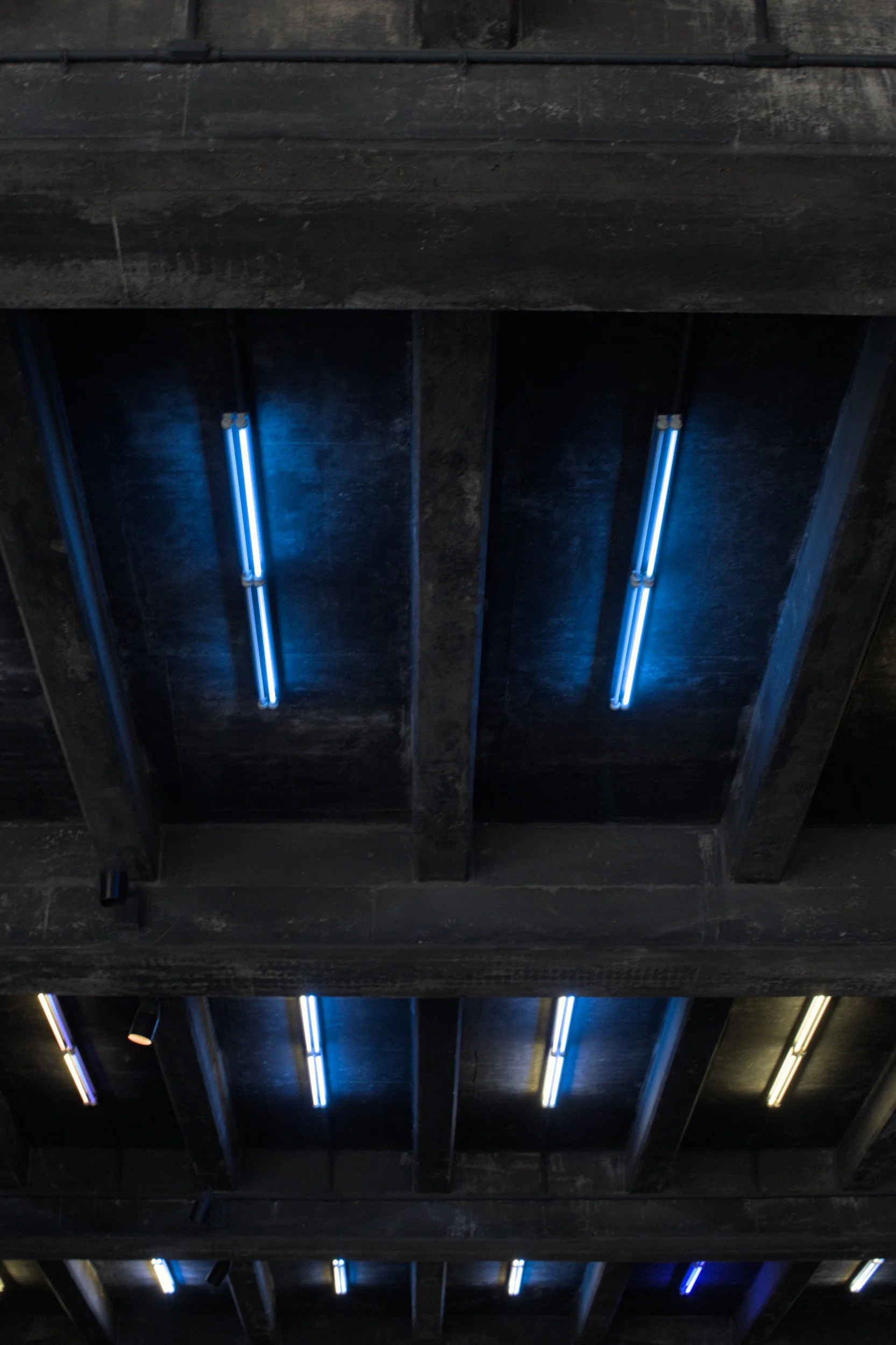 Blue fluorescent neon tube lights on dark industrial concrete ceiling. Abstract urban photography by Derek Ronald.