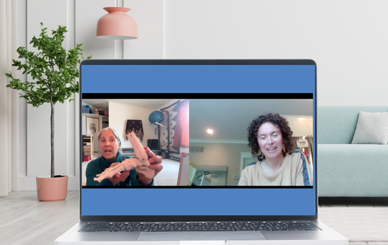 Laptop screen displaying a video call between two women, one with short blonde hair and the other with curly dark hair, in a bright modern room.