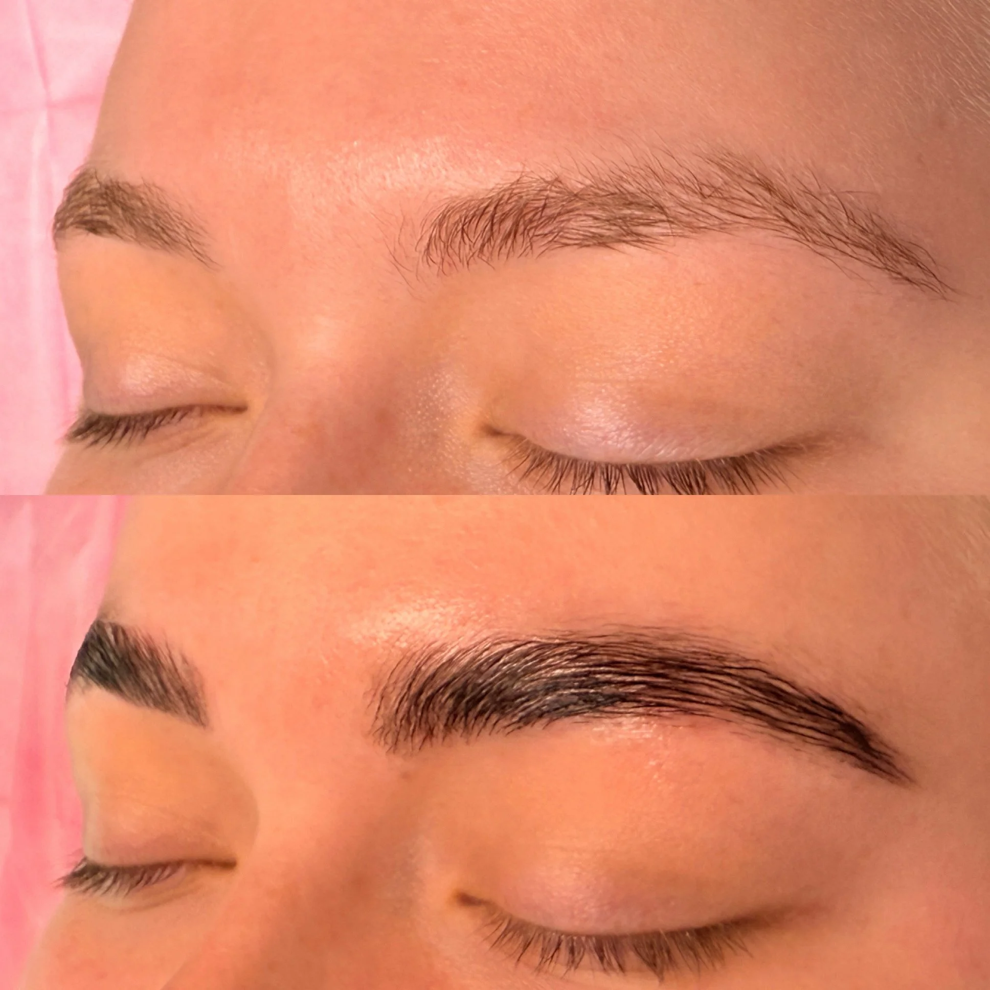 Close-up of a person's eyebrow transformation, showing before and after cosmetic enhancement, with the eyebrows appearing fuller and more defined in the after image.