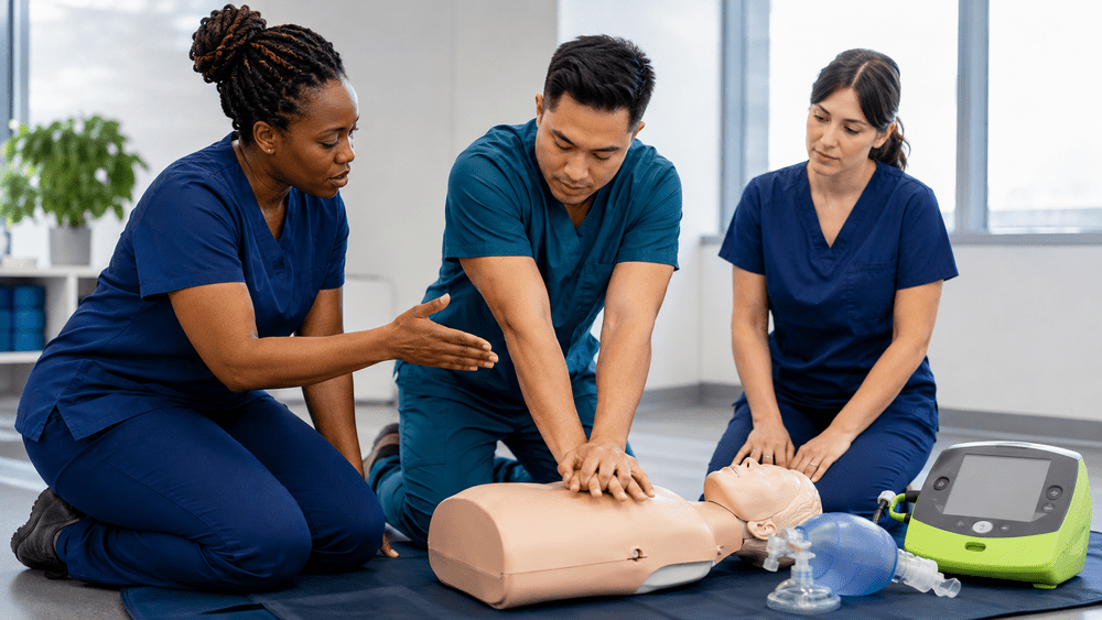 Healthcare professionals completing BLS training
