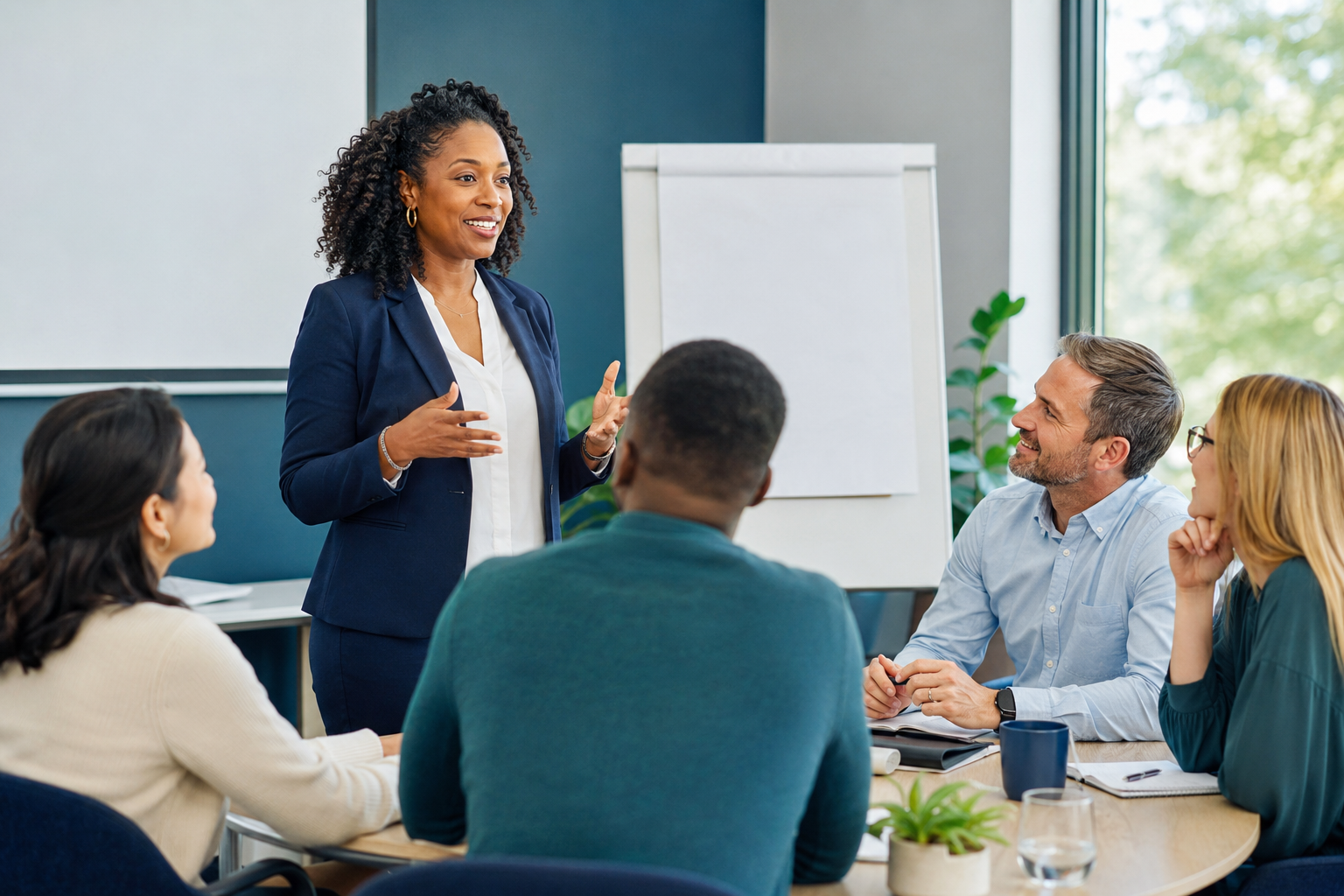 Leadership facilitator guiding a diverse group of professionals