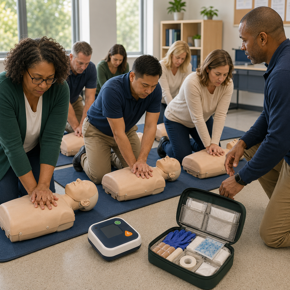 Professional team participating in CPR and first aid training