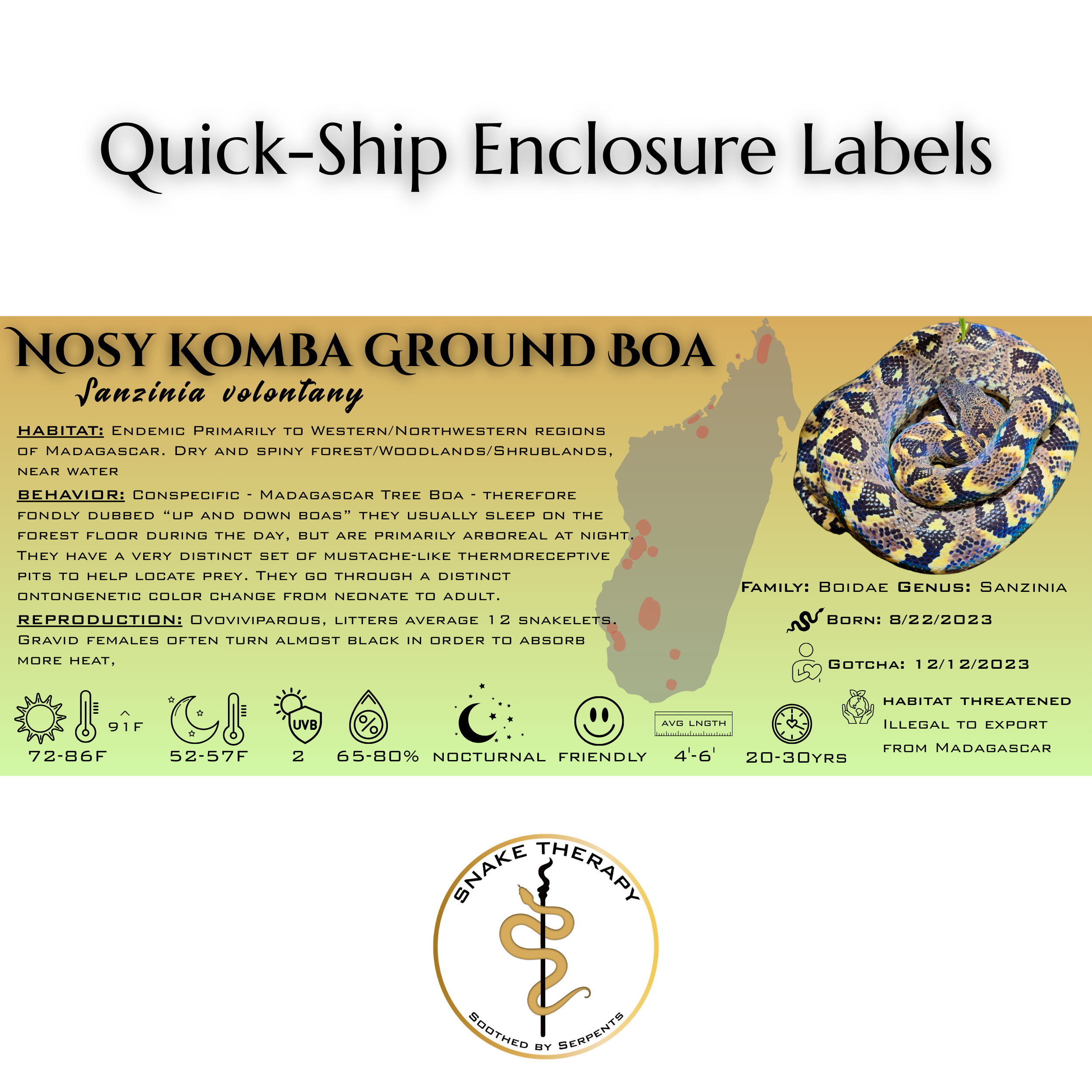 Quick-Ship Reptile Enclosure Labels by Snake Therapy