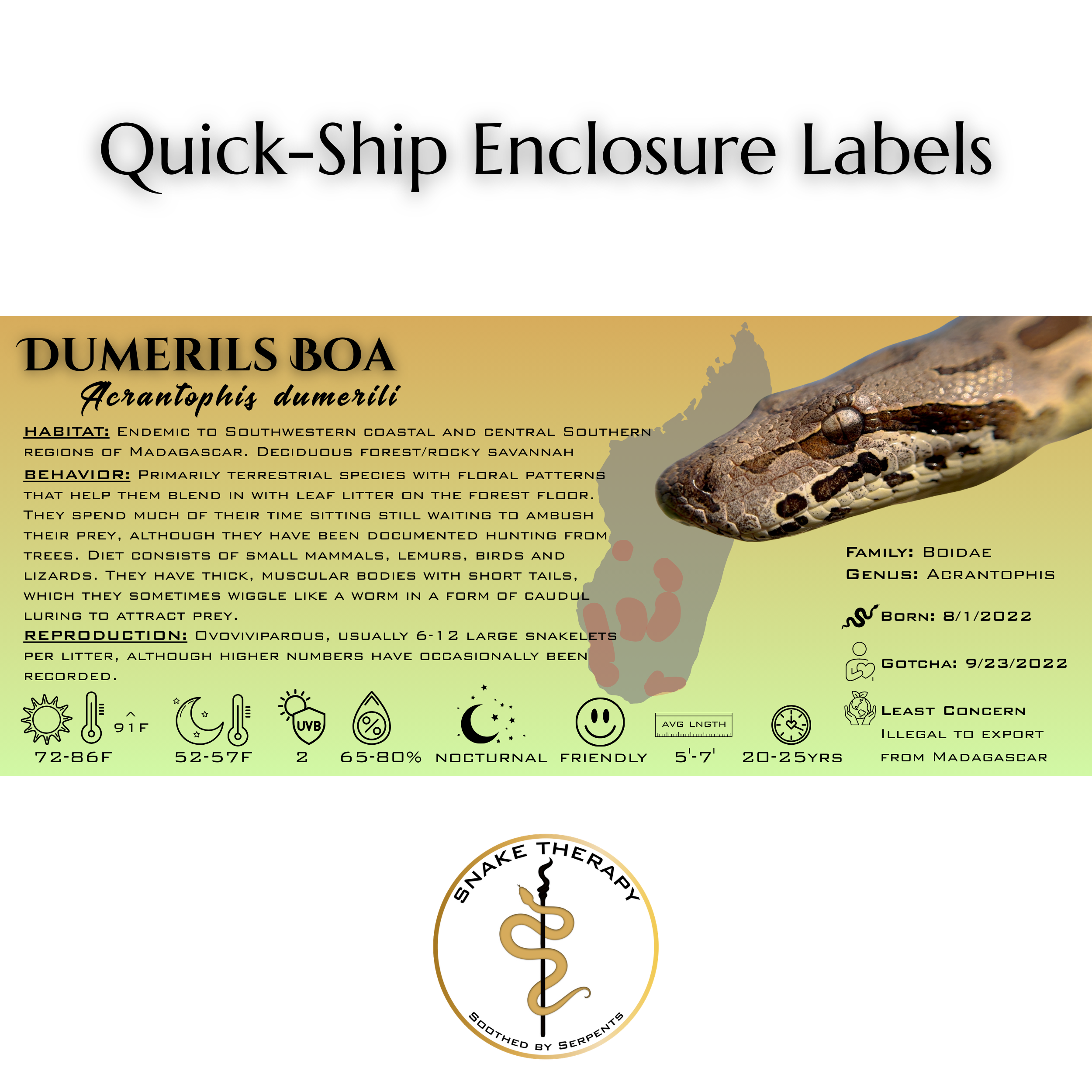 Quick-Ship Reptile Enclosure Labels by Snake Therapy