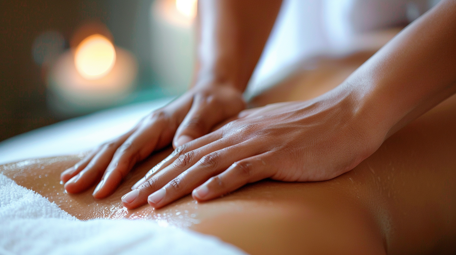 Close-up of a person's hands massaging or applying lotion to another person's back in a spa or massage setting.