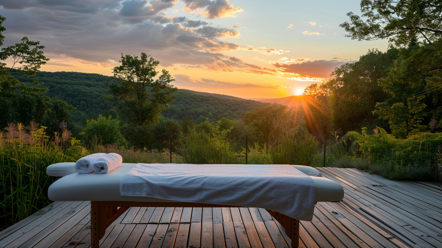 Outdoors, massage table on wooden deck with rolled towels and a sheet, overlooking a lush green landscape with trees and hills, as the sun sets in the sky.