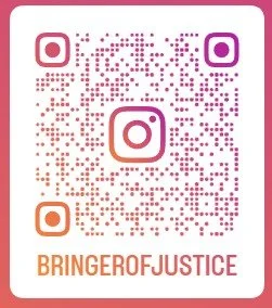 Instagram QR code with pink, orange, and purple accents and the username 'BRINGEROFJUSTICE' at the bottom.