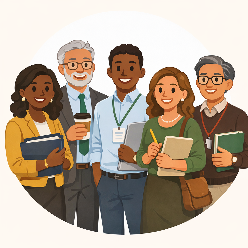 Individual cartoons standing around one another representing Institutional advancement professionals, nonprofit leaders, fundraisers, and faculty seeking grant funding