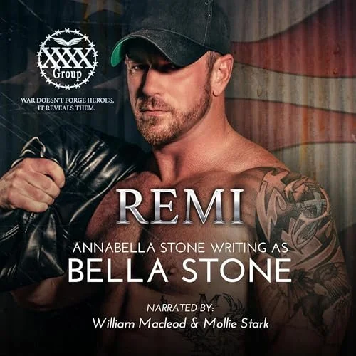Book cover featuring a shirtless man with tattoos wearing a black cap and jacket over his shoulder, with an American flag background. The book is about REMI, with narration by William Macleod and Mollie Stark.