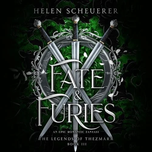 Cover of a book titled 'Fate & Furies' by Helen Scheurer, featuring three swords crossing behind a dragon and vine design with a dark green and black background.