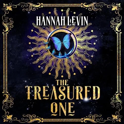 Book cover titled "The Treasured One" by Hannah Levin, featuring a blue butterfly at the center surrounded by a decorative golden sunburst design on a dark background.