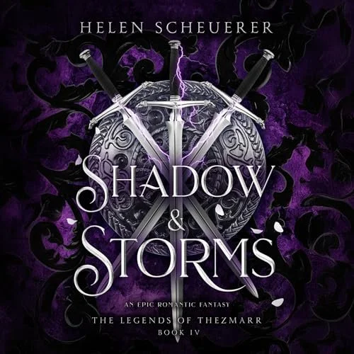 Book cover for 'Shadow & Storms' by Helen Scheurer, featuring a mysterious purple and black background with a large, ornate shield with swords crossed behind it.