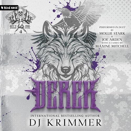 Book cover for 'Derek' by DJ Krimmer featuring a stylized gray wolf's head, a black bird, and purple splatters, with text and credits for authors Mollie Stark and Joe Arden.