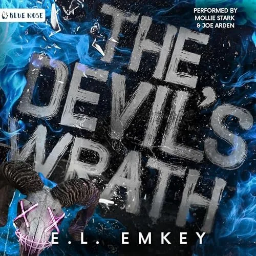 Album cover titled 'The Devil's Wraith' by E.L. Emkey, featuring motion graphics with blue flames, ice, and geometric shapes, and text indicating it is performed by Mollie Stark and Joe Arden.