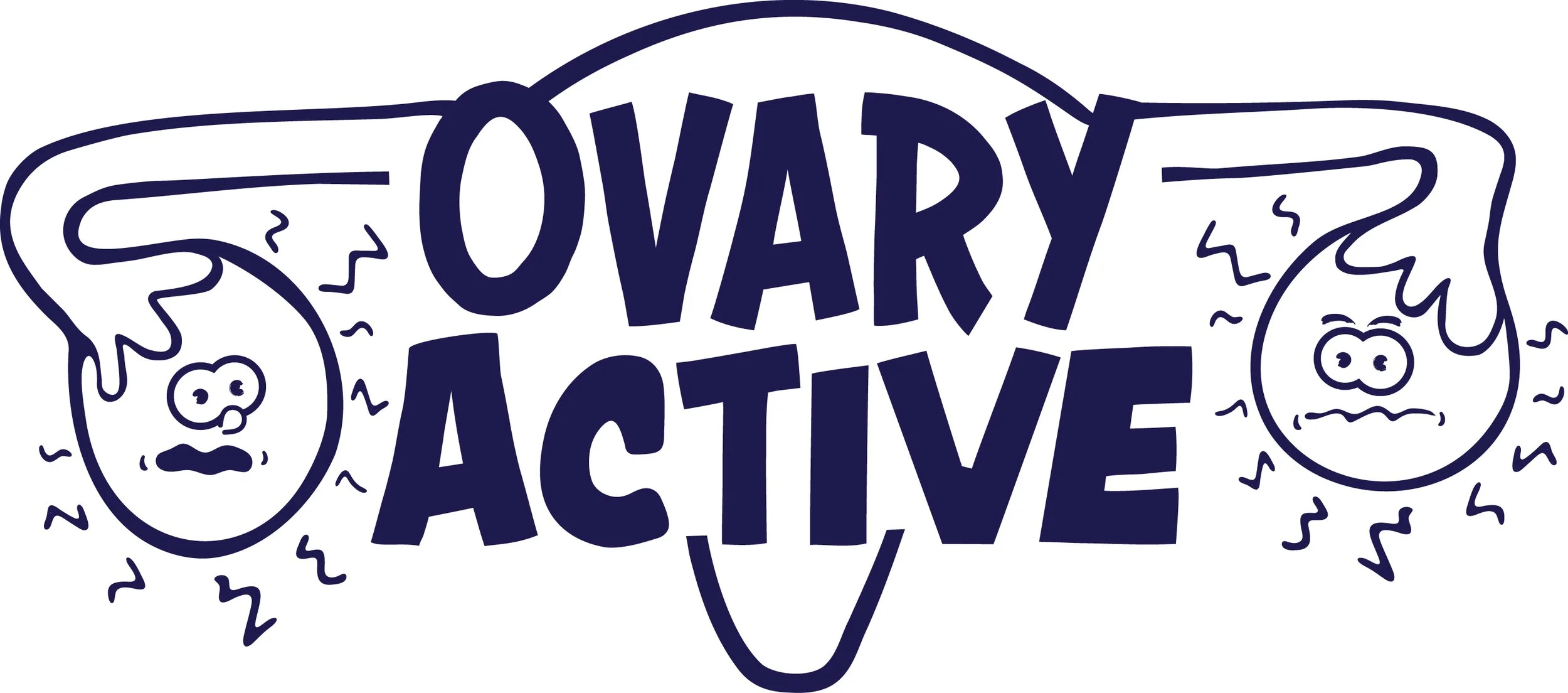 The logo for OvaryActive. The title is framed by a cartoonish drawing of a uterus, where the ovaries are anthropomorphized and making cute faces.