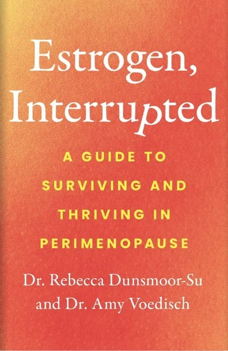 The book cover for Estrogen, Interrupted. It is a vibrant red and orange gradient, with white and yellow text.